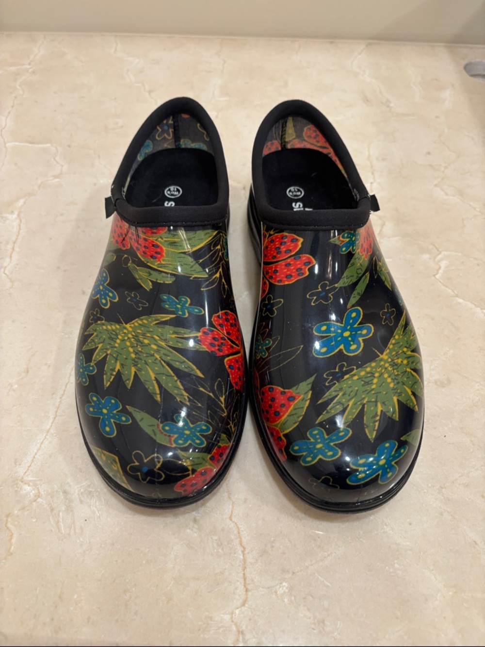 Floral Black Garden . Rain Clogs with Colorful Print